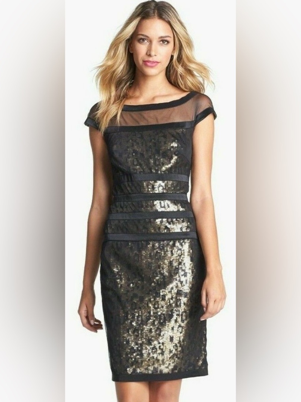 Tadashi Shoji Sequin Illusion Shutter Pleat Banded Sheath Cocktail Dress 6